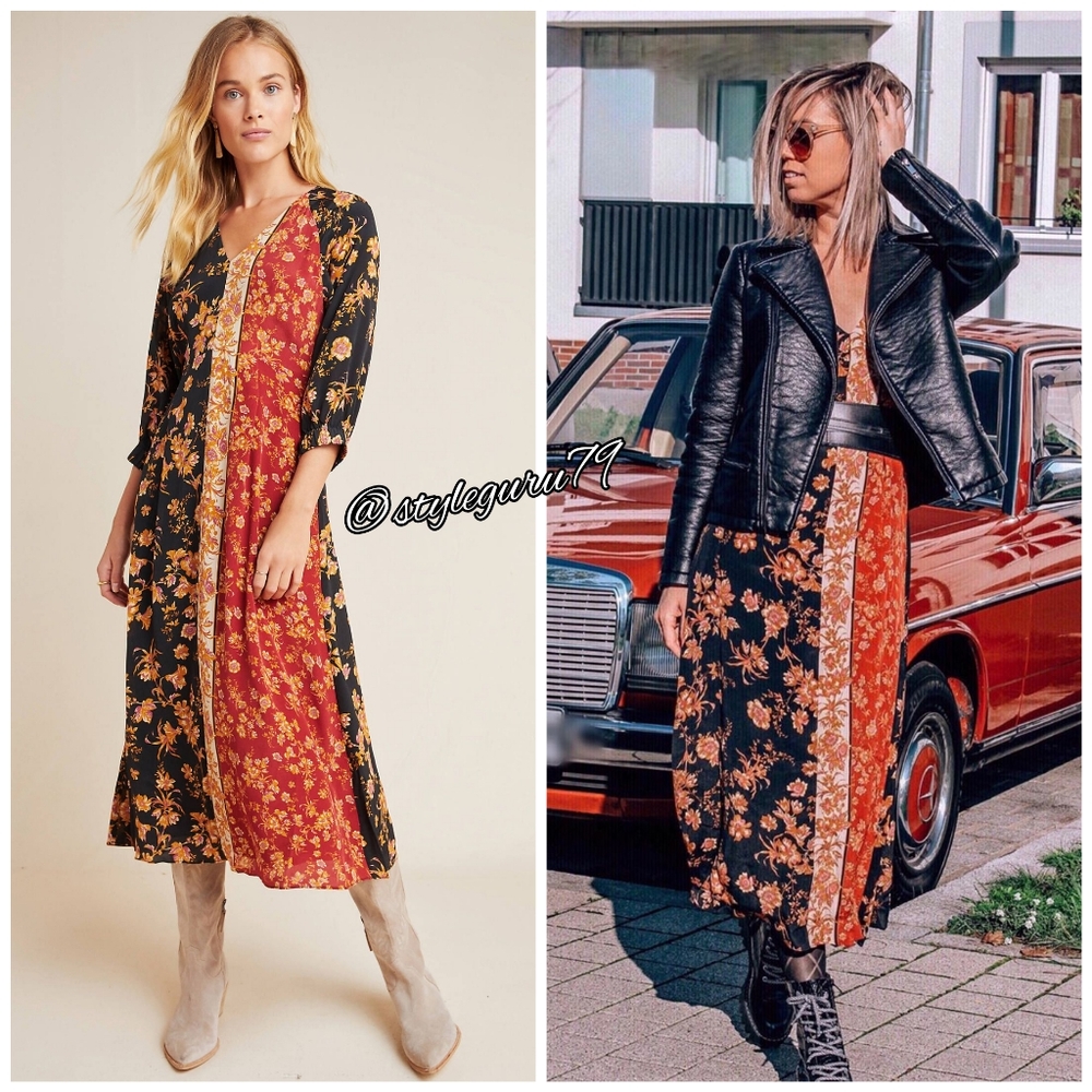 Anthropologie Black and Rust Floral Patchwork Midi Dress